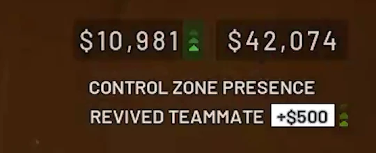 WARDOGS HUD reading $10,981 net and $42,074 balance, new feed line REVIVED TEAMMATE +$500