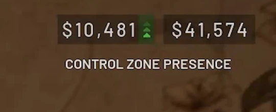 WARDOGS HUD reading $10,481 net and $41,574 balance, feed line CONTROL ZONE PRESENCE