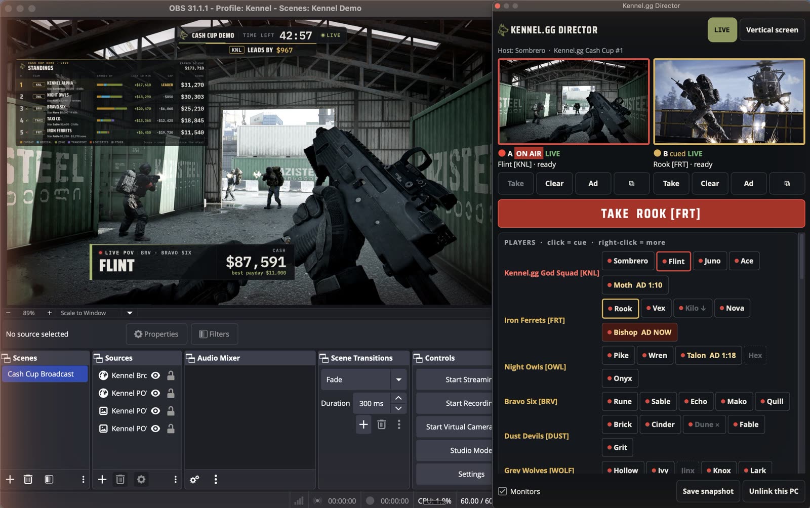 OBS showing the live Cash Cup broadcast, with the Kennel.gg Director dock on the right: feed monitors A and B, the TAKE button and the players by team
