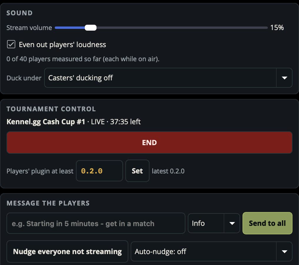 Sound, tournament control and player messaging panels