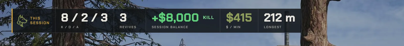 The session stats bar: K/D/A, revives, session balance, dollars per minute and longest kill